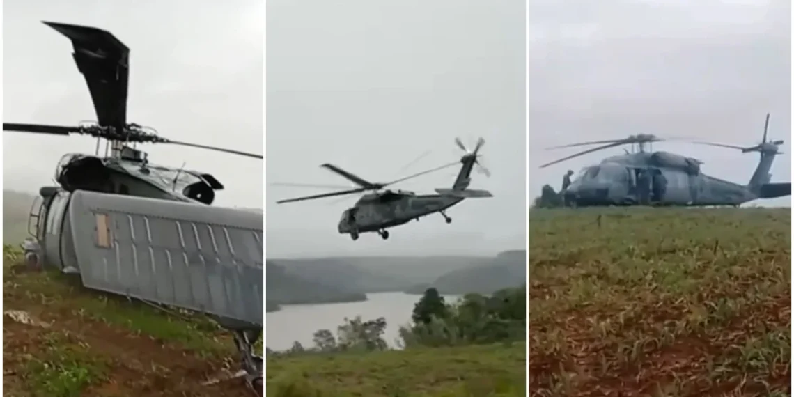 Black Hawk da FAB faz pouso de emergência em plantação de milho no Sul. Vídeo