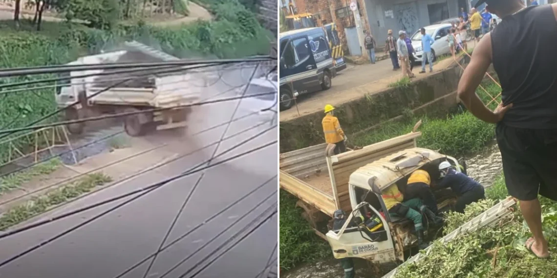Caminhão cai em córrego e deixa dois servidores municipais feridos
