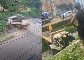 Caminhão cai em córrego e deixa dois servidores municipais feridos